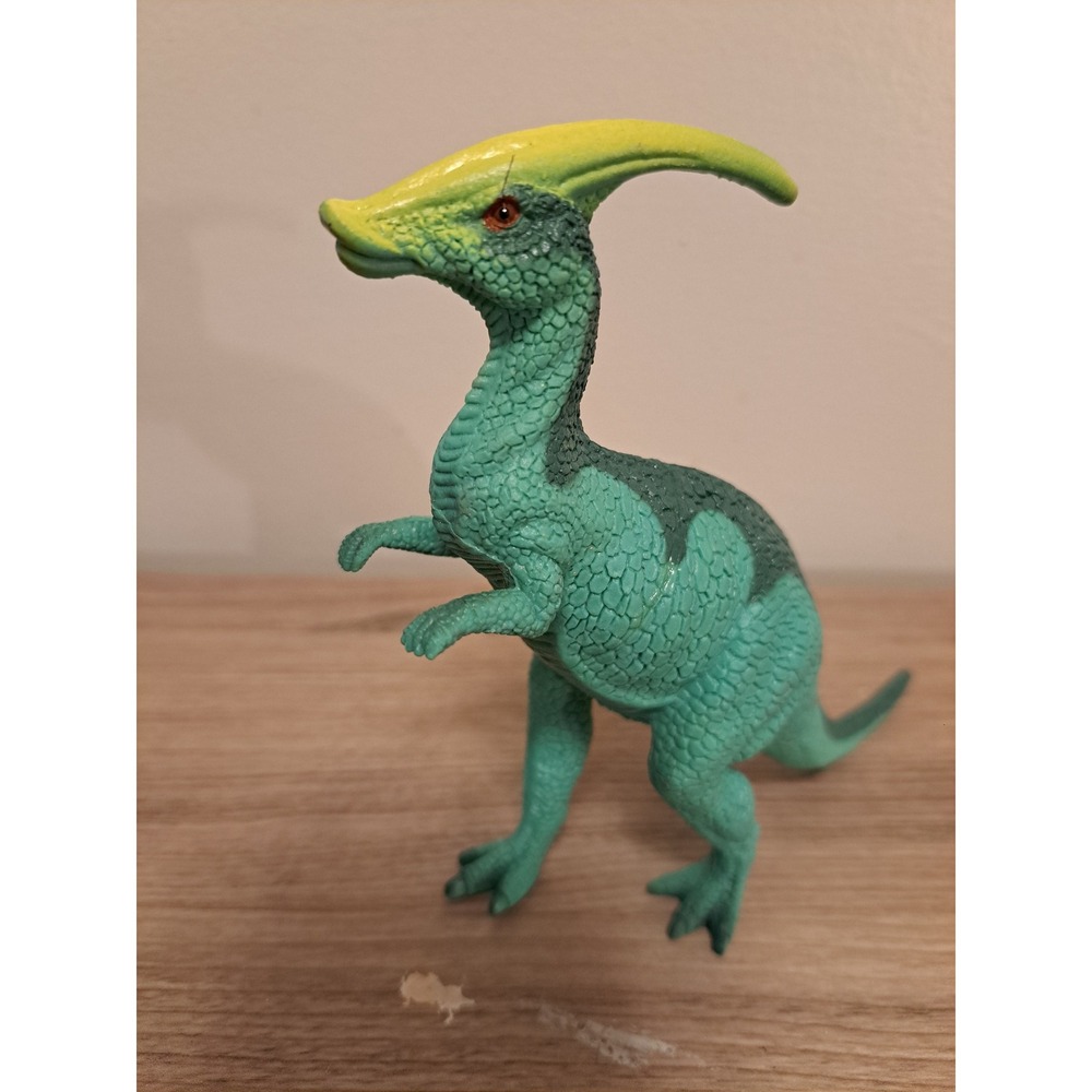 Vintage Parasaurolophus Dinosaur Toy Figure 7.5 Inch Green Yellow